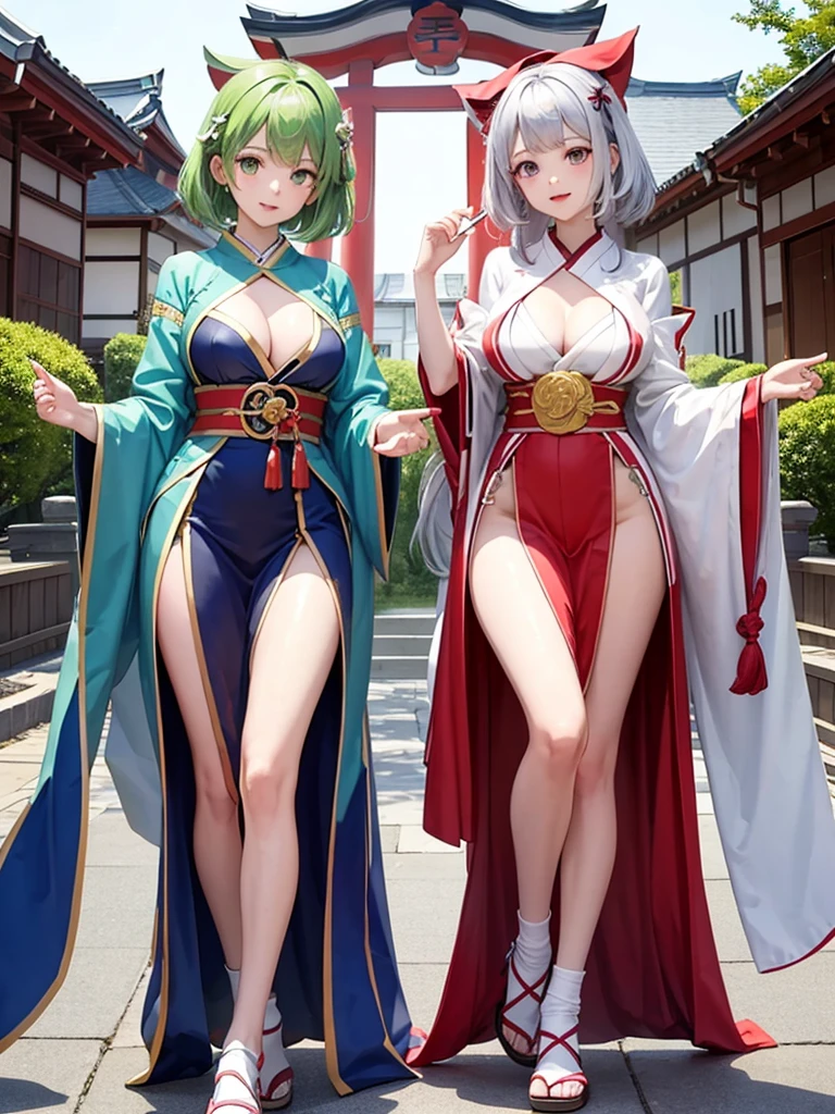 Two beautiful girls、Shrine maiden、Shrine maiden服、Kagura dance、dedication、shrine、Silver Hair、Jade green eyes、Perfect figure、Ergonomic body shape