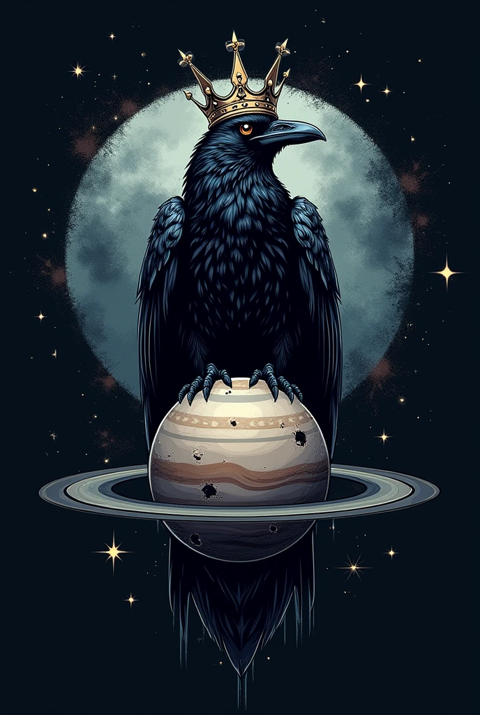 A logo with a crowned raven and a wrestling-type planet Saturn