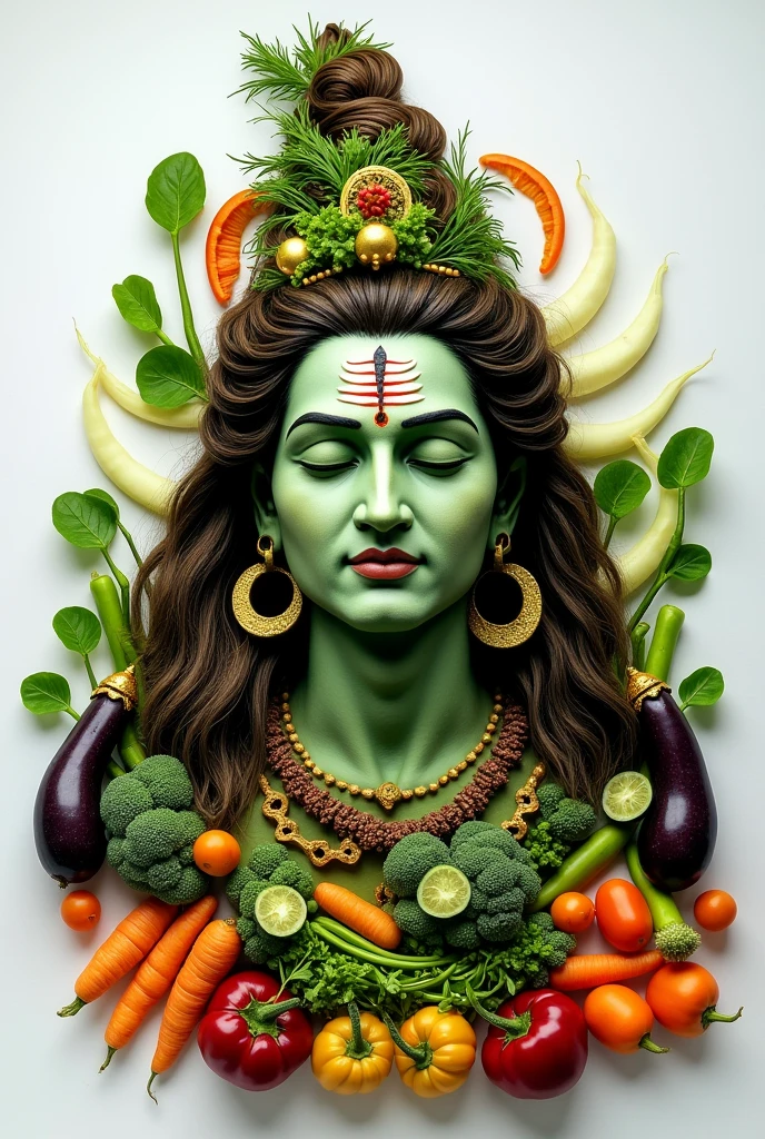 A woman has made a picture of Lord Shiva using vegetables.