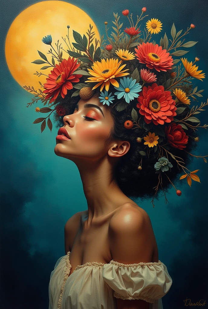 I am the last surrealist painting that exists on this planet, the last work of art that represents a beautiful woman of different races full of hope wrapped in an unreal world full of strange things., The message I want to leave is that art once existed , real very real , 24k unique piece rule of thirds cinema lighting finishes like photoshop and colors of a work of art great depth of field difference of 3d planes