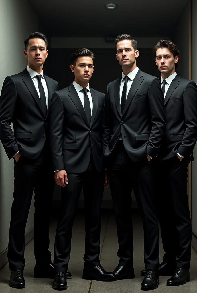 Create an image of a group of 4 friends as men in black