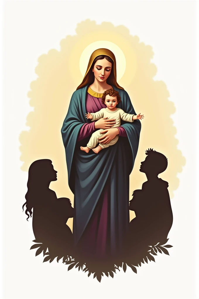 Logo with the Virgin Mary and Jesus and below on the sides silhouettes representing young people