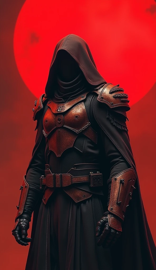 derpd, lethal cyborg assassin wearing robes armor, danger, red sky,post apocalypse 