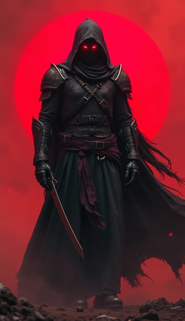derpd, lethal cyborg assassin wearing robes armor, danger, red sky,post apocalypse