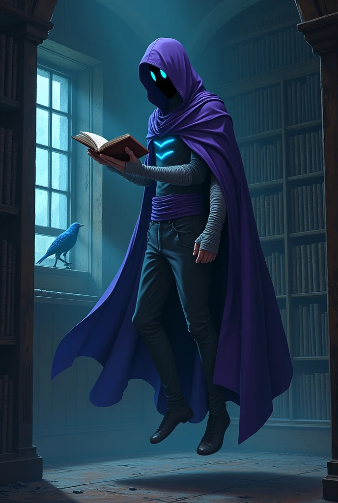 Create an HD anime-style illustration featuring a side view portrait of a mysterious man. He is dressed in gray robes and black pants, with a purple hooded cape. His arms are completely wrapped in bandages, concealing his form underneath. His face is obscured by the hood, except for three bright blue slits visible beneath it. The man is floating in the air, with a levitating book in front of him. The setting is a dark and abandoned medieval library, where a small blue bird is perched at a window. Ensure the overall atmosphere is eerie and mystical