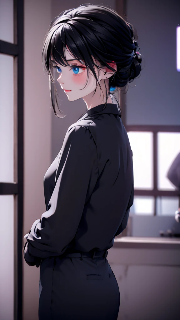 1 Girl , Girl medium light Black hair, light gray&blue eyes, wearing black suit 4D, night town , high res, ultrasharp, 8K, masterpiece, looking from behind
