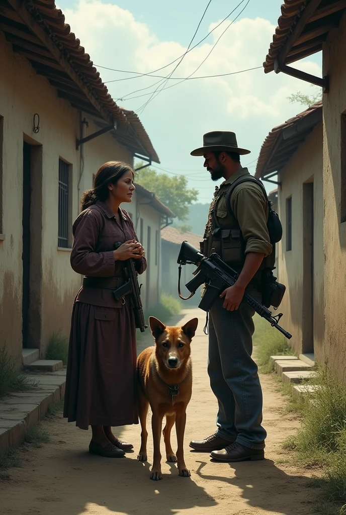 Colombian guerrilla attacking a peasant, A Colombian peasant lady and her dog in a small town