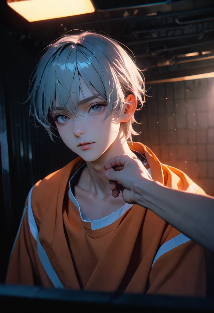 (8k, RAW photos, best quality, masterpiece: 1.4), (((Boy examining himself)))，Ultra-high resolution, Extremely detailed, Dim Lights, Upper body close-up, handsome boy, black eyes, (delicate eyes, Eyes are bright:1.2), Gray short hair, Fair skin,dark, Orange prison uniform,Orange prison pants,(perfect anatomy:1.2), High-quality shadows, Natural Lighting, (White highlights:1.2), night, cloudy day, (Dimly lit cells:1.2), (Metal walls:1.2)