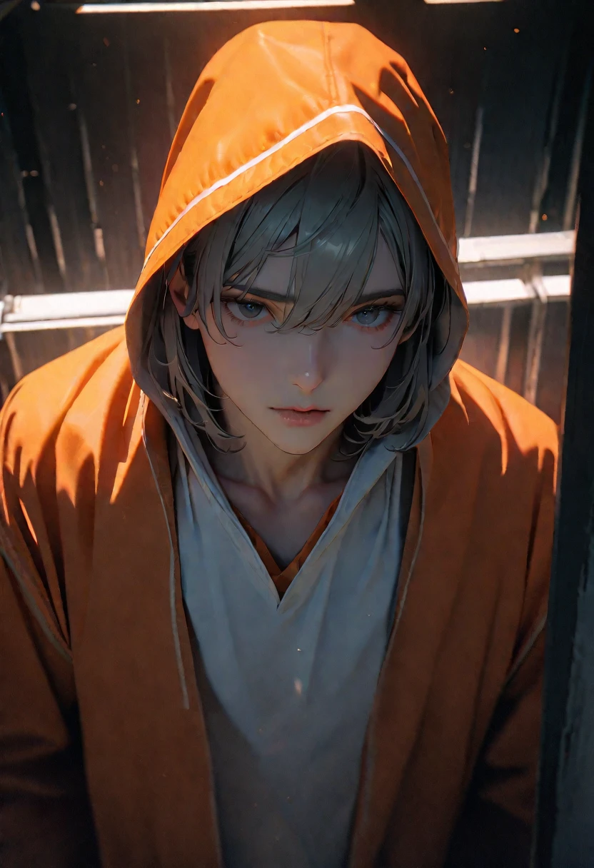 (8k, RAW photos, best quality, masterpiece: 1.4), (((Boy examining himself))),Ultra-high resolution, Extremely detailed, Dim Lights, Upper body close-up, handsome boy, black eyes, (delicate eyes, Eyes are bright:1.2), Gray short hair, Fair skin,dark, Orange prison uniform,Orange prison pants,(perfect anatomy:1.2), High-quality shadows, Natural Lighting, (White highlights:1.2), night, cloudy day, (Dimly lit cells:1.2), (Metal walls:1.2)