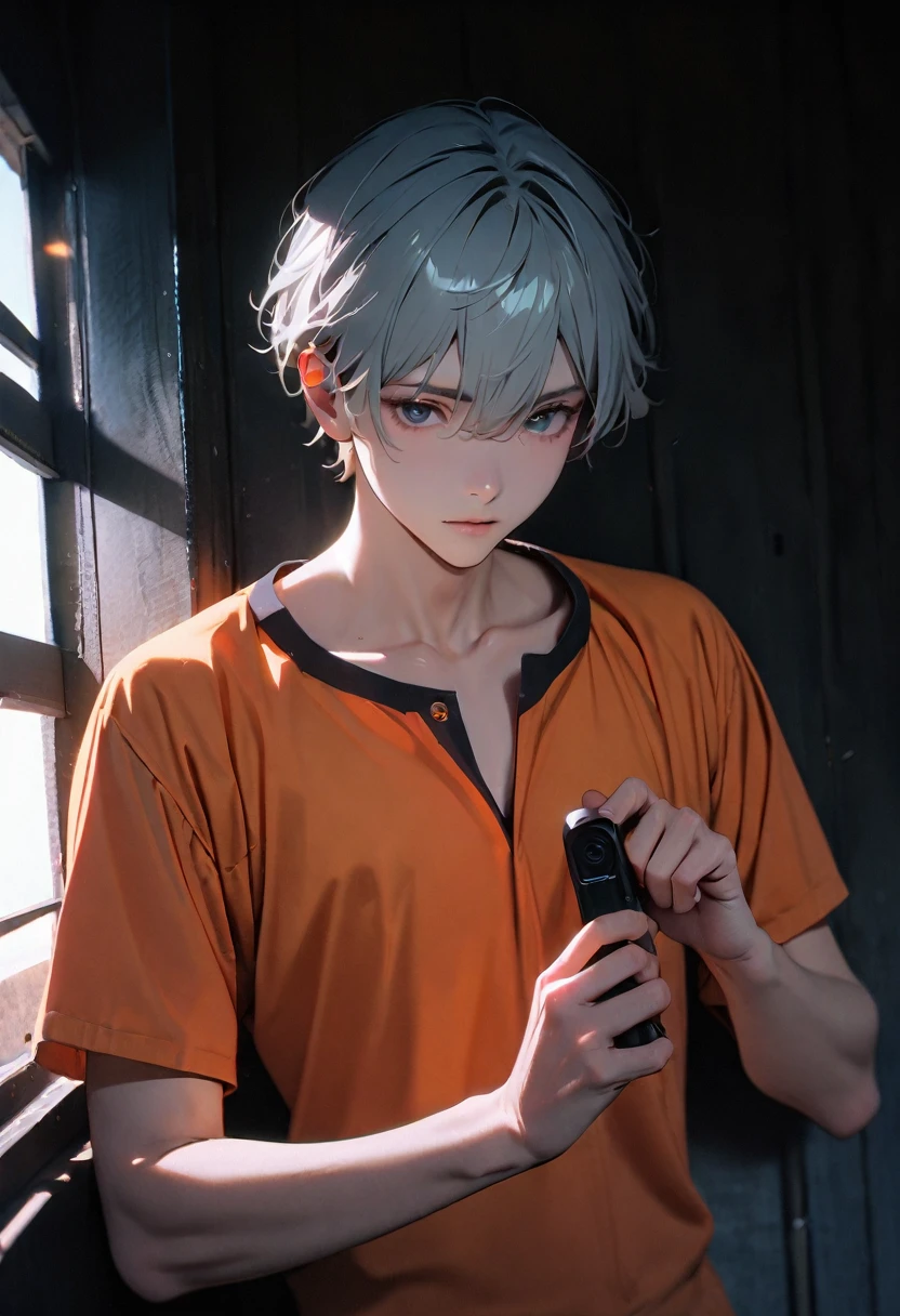 (8k, RAW photos, best quality, masterpiece: 1.4), (((Boy examining himself))),Ultra-high resolution, Extremely detailed, Dim Lights, Upper body close-up, handsome boy, black eyes, (delicate eyes, Eyes are bright:1.2), Gray short hair, Fair skin,dark, Orange prison uniform,Orange prison pants,(perfect anatomy:1.2), High-quality shadows, Natural Lighting, (White highlights:1.2), night, cloudy day, (Dimly lit cells:1.2), (Metal walls:1.2)