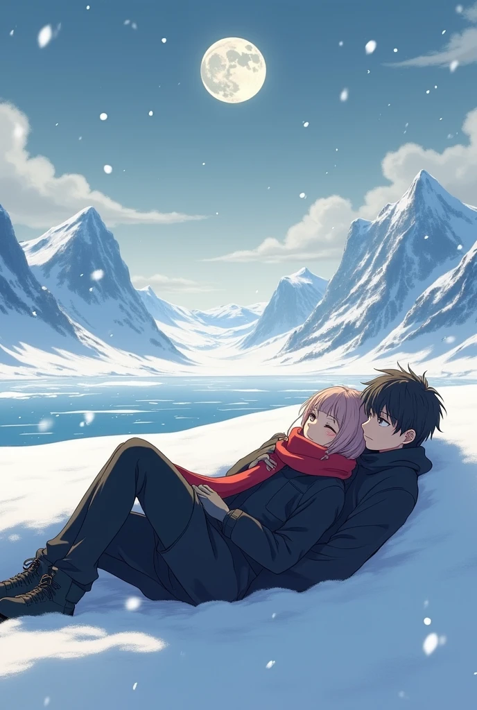 Anime girl and boy prone in snow together in snow add little bit greenland view girl wearing black coat and red muffler and boy wearing black jacket watching moon