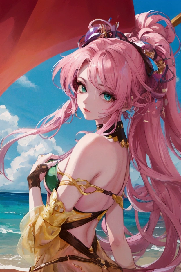 Young woman with pink and green hair with green eyes