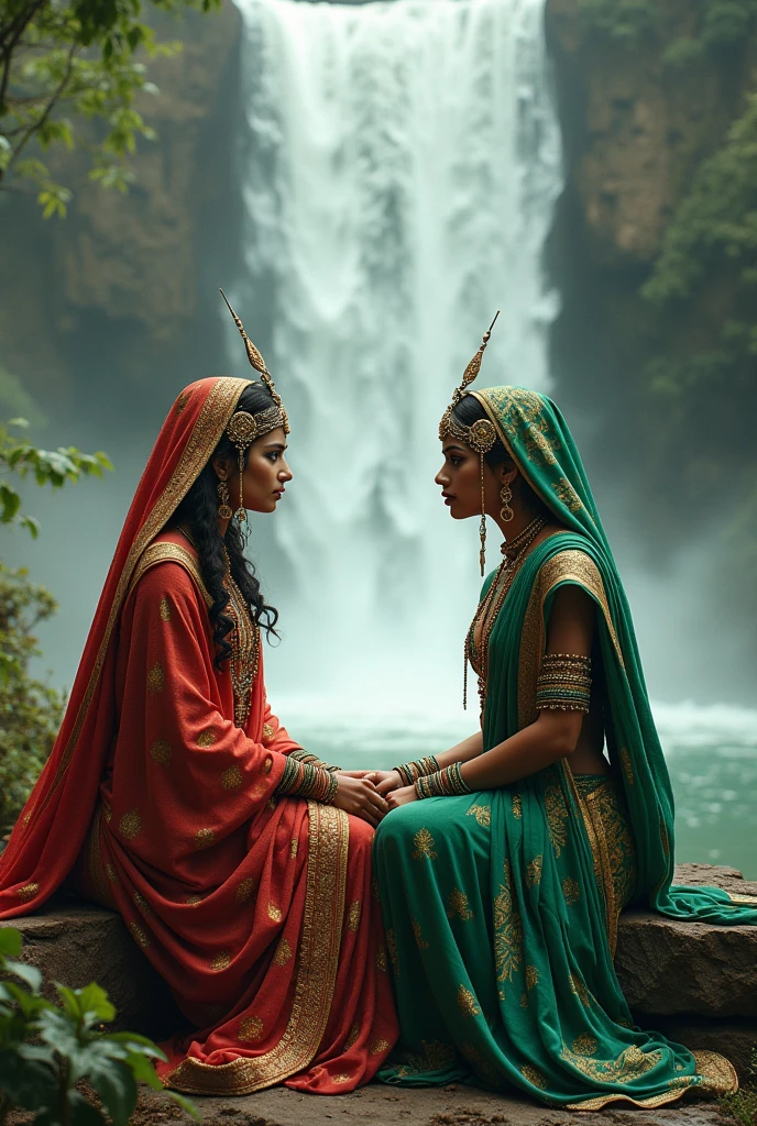 Two indian queens dressed in gupta era clothes, one hindu dressed in red and the other Muslim dressed in green sitting under a waterfall, sitting eachother while glaring at eachother