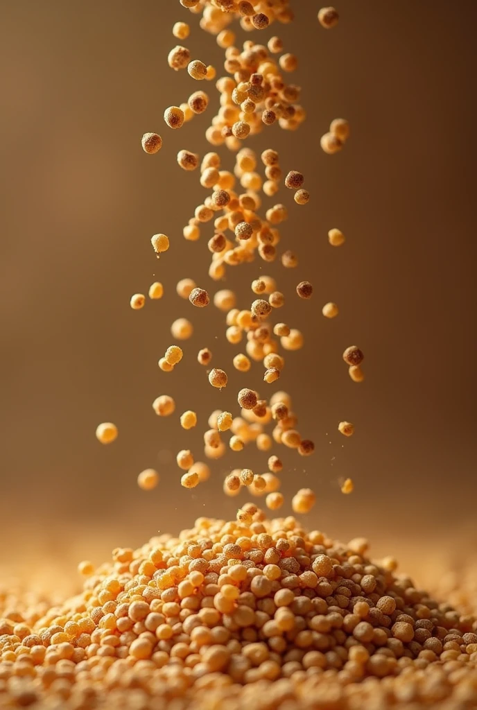 IMAGE OF THE BROWN CAÑIHUA WHICH ARE SMALL GRAINS FALLING TO THE GROUND VERTICALLY


