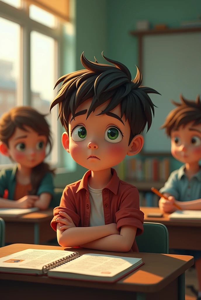 *A 10-year-old basic student who struggles in school. He sits at his desk, not paying attention and looking disinterested. He's not worried about his future and is more concerned about having fun. His uncombed hair and lack of attention in class reveal his carelessness. His green eyes dart around the classroom to avoid the teacher's gaze.*