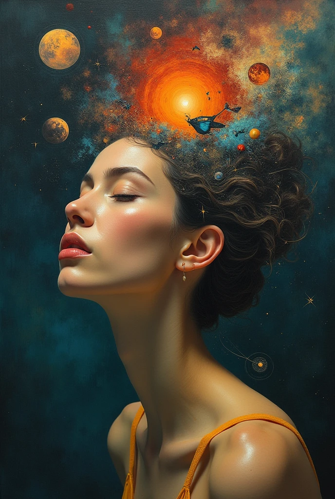 I am the last surrealist painting that exists on this planet, the last work of art that represents a beautiful woman of different races full of hope wrapped in an unreal world full of strange things., The message I want to leave is that art once existed , real very real , 24k unique piece rule of thirds cinema lighting finishes like photoshop and colors of a work of art great depth of field difference of 3d planes