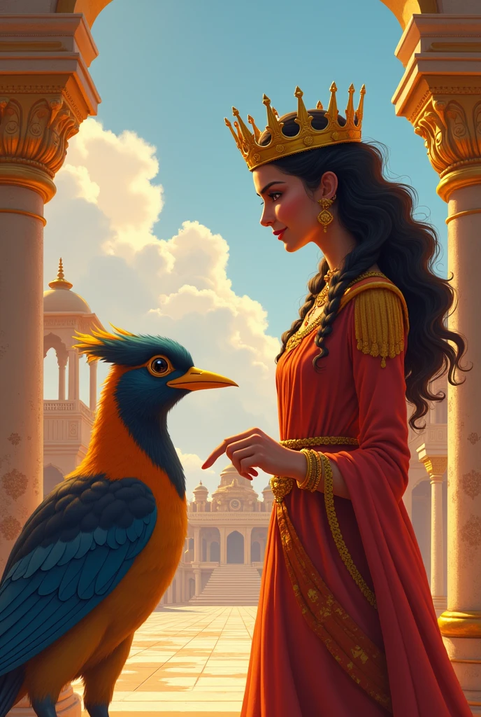 A grand, ancient city named Bhogvati with majestic temples and palaces. In the center is queen Roopwati , a regal figure with a crown and royal attire, holding a conversation with a colorful, talking myna named Chintamani. The setting is a royal court, with intricately designed pillars and golden decorations."