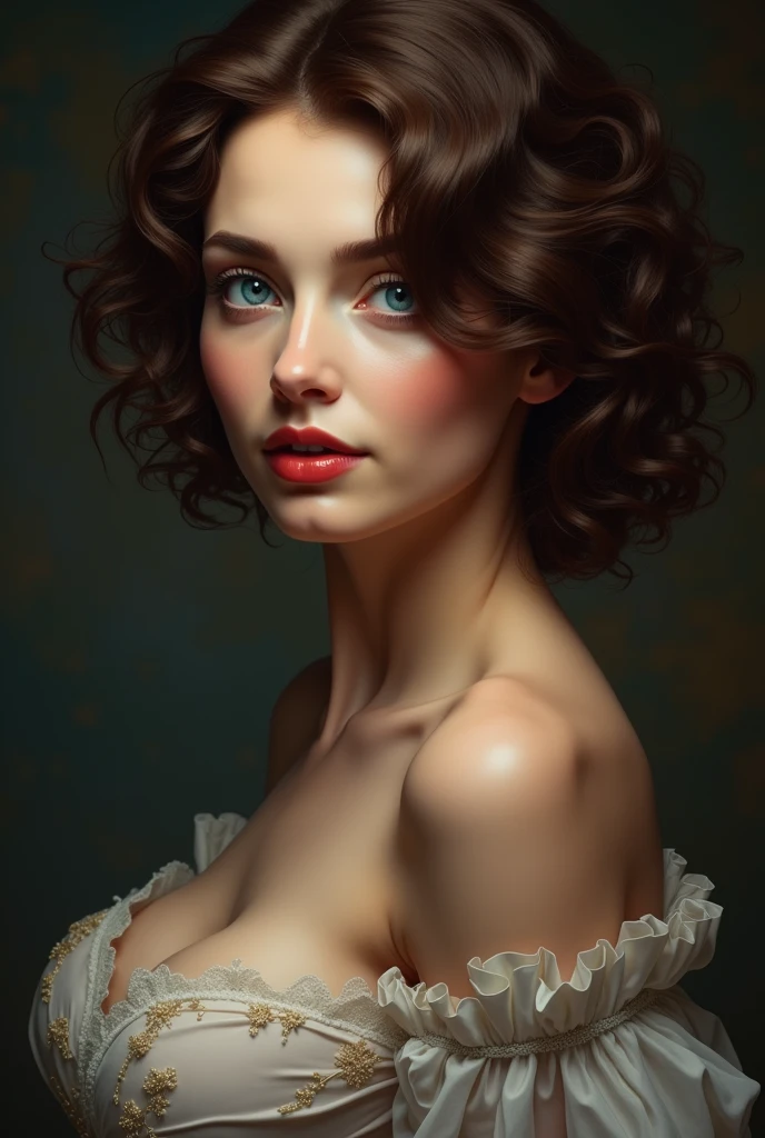 a mature woman with short brown curly hair, beautiful blue eyes, huge breasts, realistic, photorealistic, 1girl, detailed face, detailed eyes, detailed lips, extremely detailed, cinematic lighting, dramatic lighting, fantasy, elegant, beautiful, gorgeous, stunning, intricate details, highly detailed, hyperrealistic, hyper detailed, insanely detailed, masterpiece, ultra-detailed, best quality, 4k, 8k, highres, vivid colors, cinematic, dramatic, epic, powerful, mysterious, alluring, seductive, sensual, intimate, captivating, mesmerizing, enchanting, ethereal, timeless, classical, renaissance, baroque, oil painting, digital painting, concept art, fantasy art, illustration, hyperrealism, photorealism, volumetric lighting, chiaroscuro, dramatic shadows, dramatic highlights