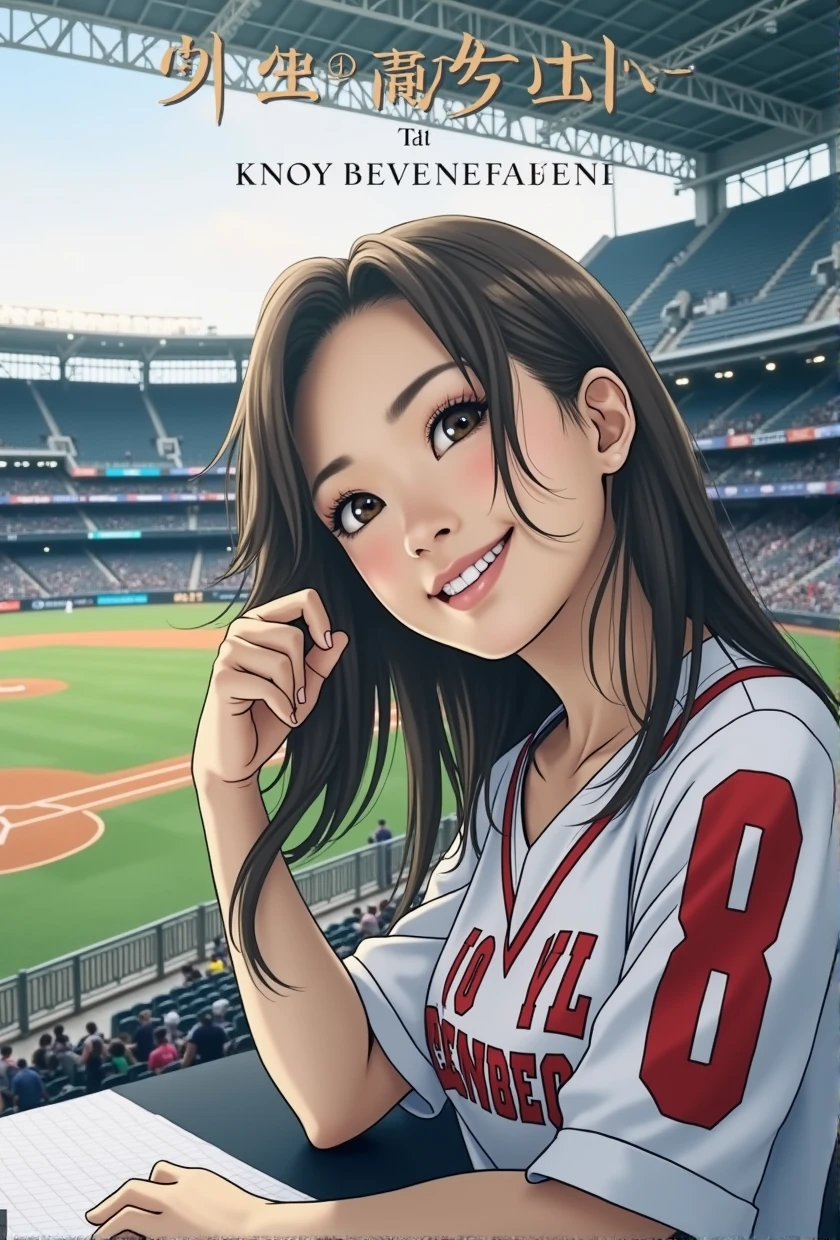 A poster promoting a JAV video featuring photos, realistic images, and a female announcer at a Japanese baseball stadium. In the center, the words "Active Stadium Announcer Makes Shocking AV Debut" are written in large letters.