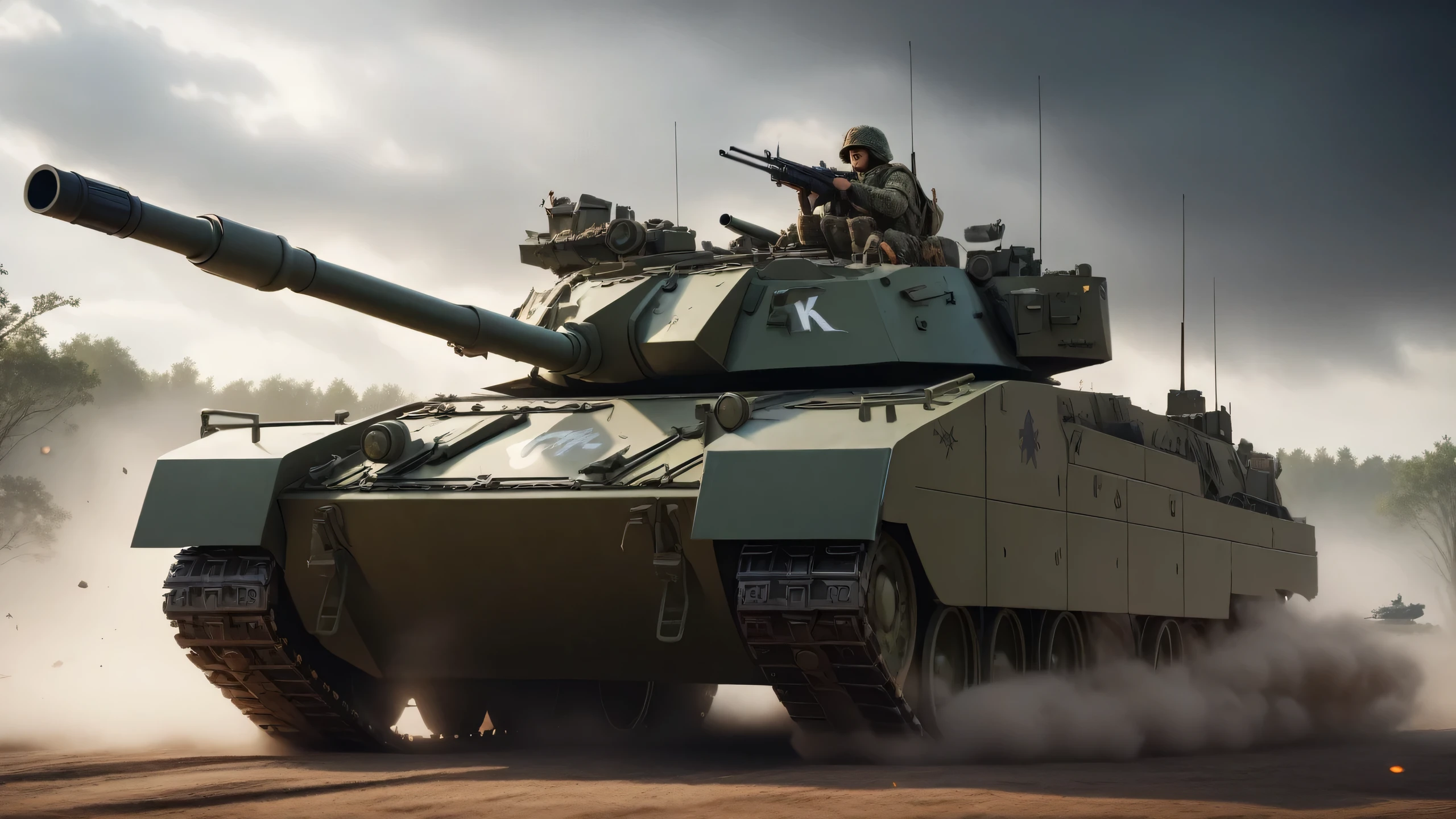 (best quality, 4k, 8k, highres, masterpiece:1.2), ultra-detailed, (realistic, photorealistic, photo-realistic:1.37), highly detailed armored tank, military vehicle, armored fighting vehicle, heavily armored, steel, metal, camouflage, war, battle, armor plating, treads, turret, cannon, machine guns, headlights, military insignia, dramatic lighting, cinematic composition, volumetric fog, epic, gritty, moody, battlefield