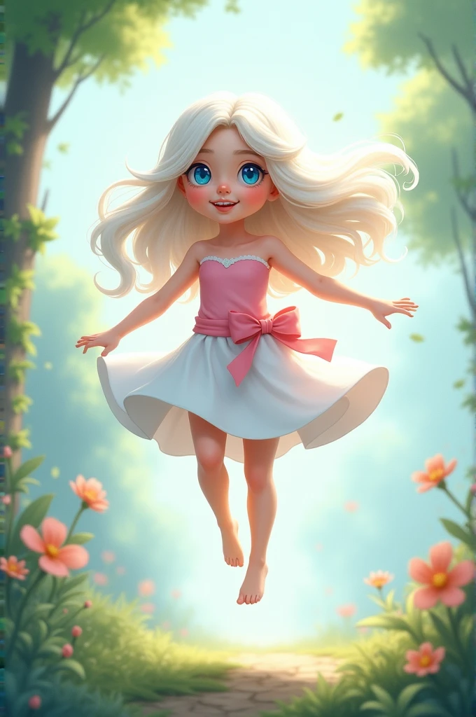 Cartoon style hq. A young girl with long white hair. blue colored eyes. Strapless sleeveless blouse pink. white skirt. Pink jump. levitating. Tuuli.
