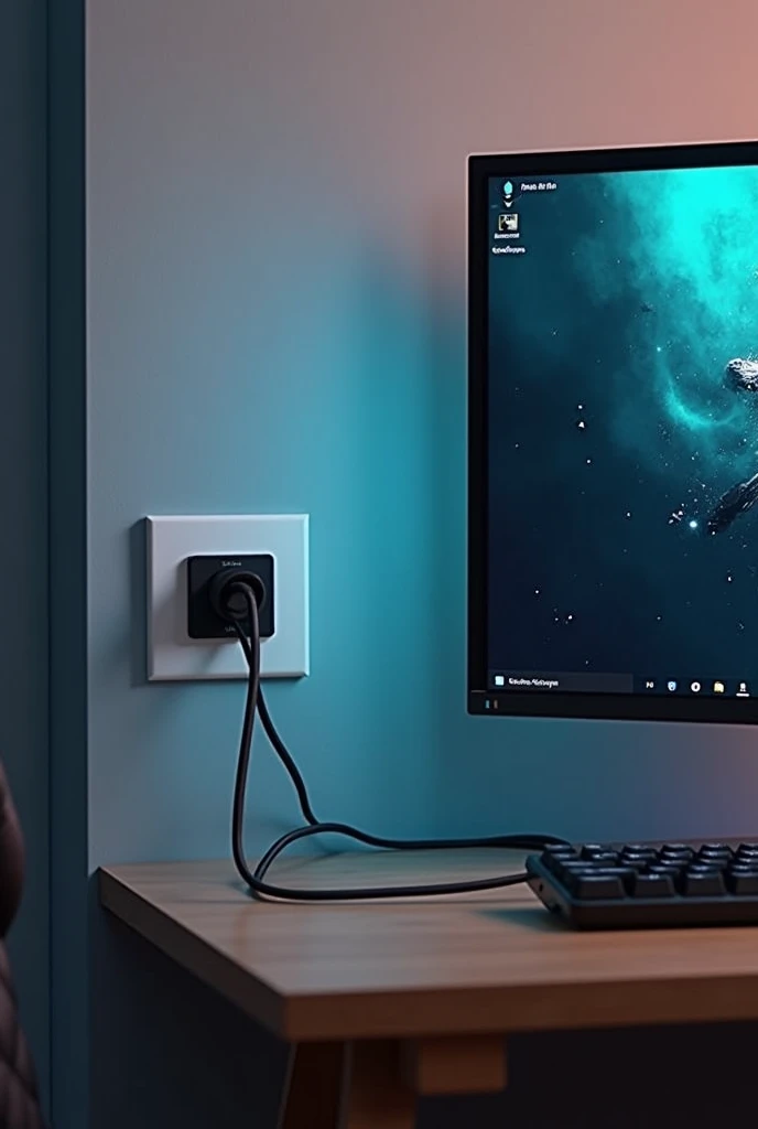 My gaming pc and monitor connected to switch board (two socket controlling by one switch) I can only see the my pc and monitor in this image I want to see with the pc monitor and switch board (two socket one switch) I want to see the full image including pc monitor and switch board not zoomed in like this