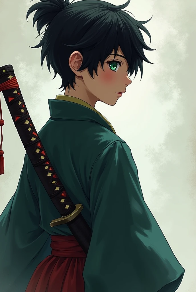 A boy of about eleven years old who is facing away and has a katana behind him and the boy has black hair and green eyes and is dressed like a swordsman and more or less part of his face can be seen.