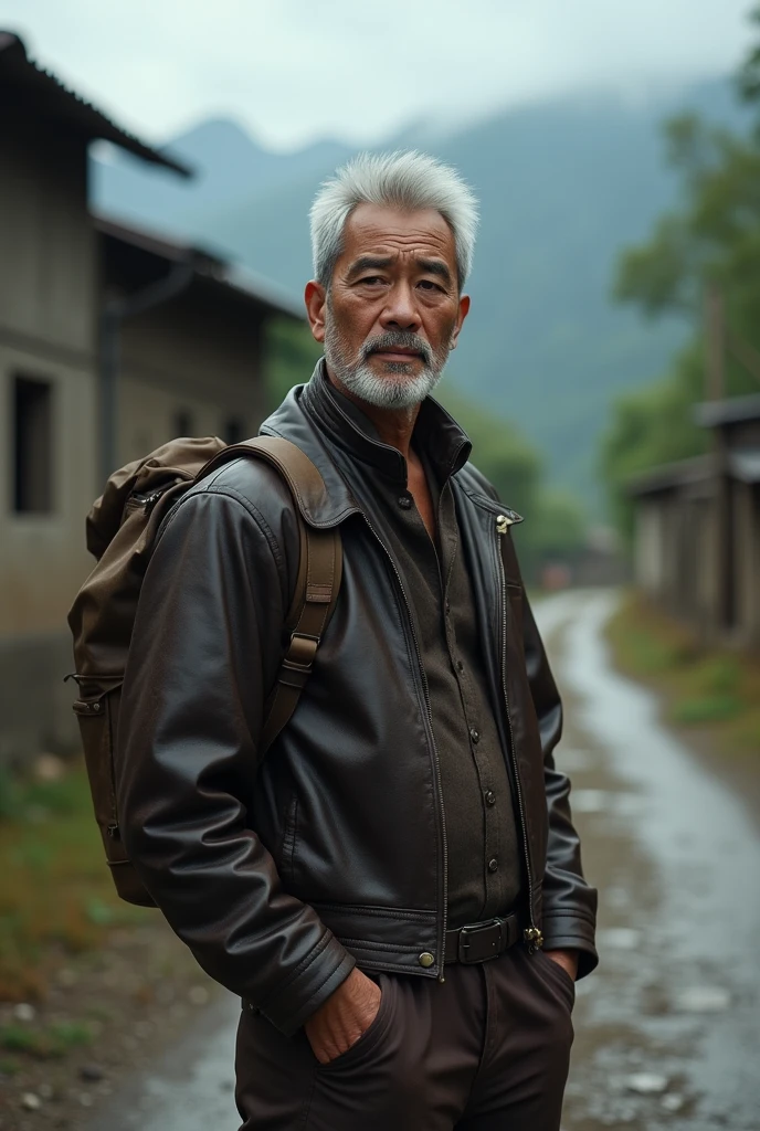 Asian man in leather jacket posing for a picture,
Professional photography, The village chief stands on the dirt road,Put your hands in your pockets,watching,Jacket jacket,belt,There are willow trees next to it,Tsuchiya,ruins,((Glasseale focus,dark brown clothes,dark brown backpack,high detail, Close-up half-length photo, panoramic,body positive,Asian man in his forties,Nasal pattern,rough face,worried expression,white short hair,beard,oily skin reaction,Strong hands,Covered in sweat,chest muscles,Very large nipples,Raised nipples,strong muscle,Thick waist,wide waist,brown skin,thick thighs,brown thong,(((thong))),((crotch bulging)),(crotch bulging),Detailed hair details,gaston boucier style,dark sky,wet scene,There are mountain peaks in the distance,banana trees,global illumination, CG-level lighting rendering,low contrast, (best quality),masterpiece,8K wallpaper quality,List of Utria , Normal