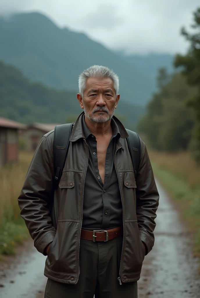 Asian man in leather jacket posing for a picture,
Professional photography, The village chief stands on the dirt road,Put your hands in your pockets,watching,Jacket jacket,belt,There are willow trees next to it,Tsuchiya,ruins,((Glasseale focus,dark brown clothes,dark brown backpack,high detail, Close-up half-length photo, panoramic,body positive,Asian man in his forties,Nasal pattern,rough face,worried expression,white short hair,beard,oily skin reaction,Strong hands,Covered in sweat,chest muscles,Very large nipples,Raised nipples,strong muscle,Thick waist,wide waist,brown skin,thick thighs,brown thong,(((thong))),((crotch bulging)),(crotch bulging),Detailed hair details,gaston boucier style,dark sky,wet scene,There are mountain peaks in the distance,banana trees,global illumination, CG-level lighting rendering,low contrast, (best quality),masterpiece,8K wallpaper quality,List of Utria , Normal