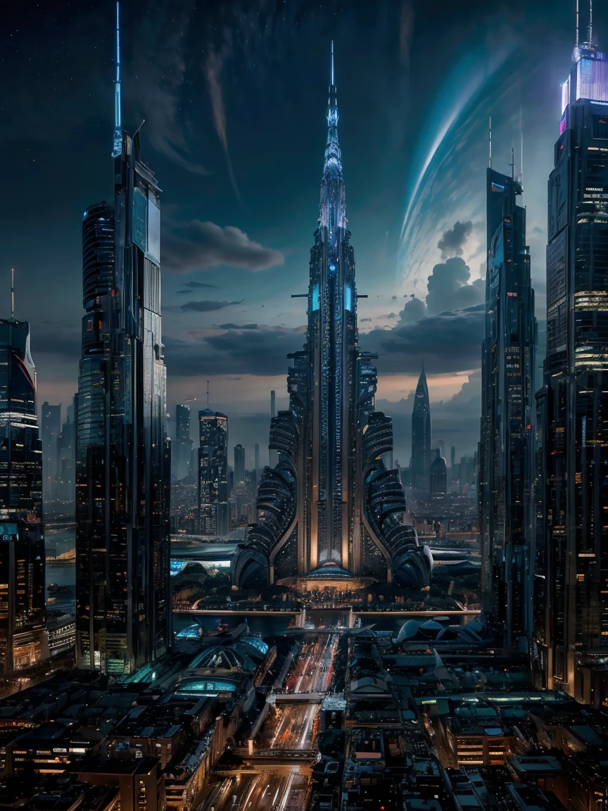 (Highest quality, Ultra HD, 16k, Masterpiece) In a future cityscape, the vibrant lights and towering skyscrapers create a stunning cyberpunk aesthetic. The city is elevated high into the clouds, offering a breathtaking view of the universe. This SF world is a blend of advanced technology and otherworldly beauty. At the heart of the city stands a huge, colossal statue of Lord Shiva, its presence both awe-inspiring and majestic. The statue, an enormous tribute to the Indian deity, rises from the middle of the city, its intricate details and grand scale making it a focal point of the skyline.
The early morning light bathes the statue and the city in a soft glow, highlighting the contrast between the ancient spiritual figure and the futuristic surroundings. The sky is a canvas of vibrant hues, with the city lights flickering against the backdrop of the universe. The colossal statue of Lord Shiva, with its serene expression and powerful stance, seems to watch over the bustling metropolis, merging the spiritual and the technological in a harmonious blend. The overall composition captures the essence of a world where tradition and innovation coexist, creating a scene of unmatched beauty and depth. The vibrant energy of the city, combined with the tranquil presence of the statue, offers a unique glimpse into a future where the past is never forgotten.