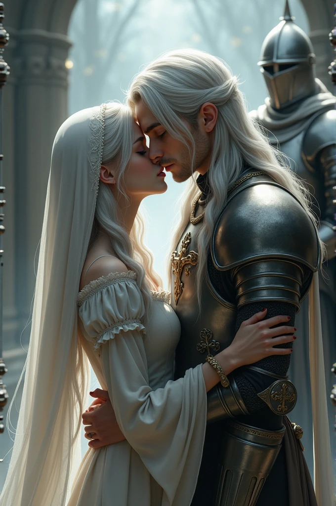 A beautiful little skinny girl with silver eyes is kissing a handsome guy with long silver hair. The girl is in a sanctimonious dress and her hair is covered with a scarf. A man in knight's armor and wearing a helmet.