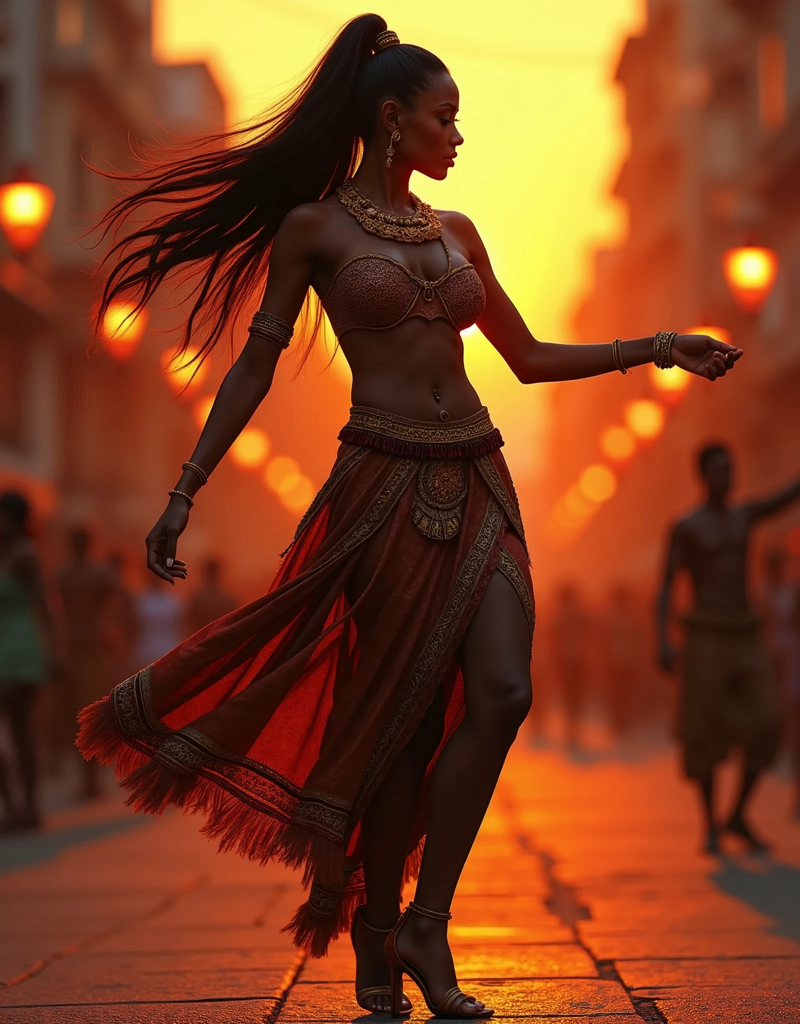 bellissima,1girl dancing, jewelry, breasts, ((dancing1.4)), dancing in the street, high heels, dark skin, bracelet, navel, earrings, solo focus, anklet, dark-skinned female, midriff, blurry background, long hair, necklace, blurry, cleavage, black hair, skirt, realistic, navel piercing,sunset,(Masterpiece:1.2), (Best Quality:1.2), perfect eyes, Woman in her 40s, perfect faces, Dark stage lighting, photo shoot, long hair, ponytail hair, long hair, ponytail hair, long hair, ponytail hair, 1Girl dark skin, Gorgeous tribal dresses, thick eyelashes, makeups, eyeshadows, middle way hair, (Dreadlocks ), (Dreadlocks ), (Dreadlocks ), (microphone), (Singing on the club stage), (microphone), (Singing on the club stage), (microphone), (Singing on the club stage), (Hip Hop), (Hip Hop), (Hip Hop), ultra professional photorealistic meticulously intricate optimal reflex extreme perfection ultra_high-quality accurate ultra_high-details ultra_high-resolution ultra_high-definition global opengl-shaders glsl-shader Octane_rendered improved XT3 DSLR unrealengine5 cgi vfx sfx color-coded shading volumetric Lightning contrast vivid backlight, cinematic sunlight, Saturate, reflection, --v 6 --s 1000 --c 20 --q 500 --chaos 100