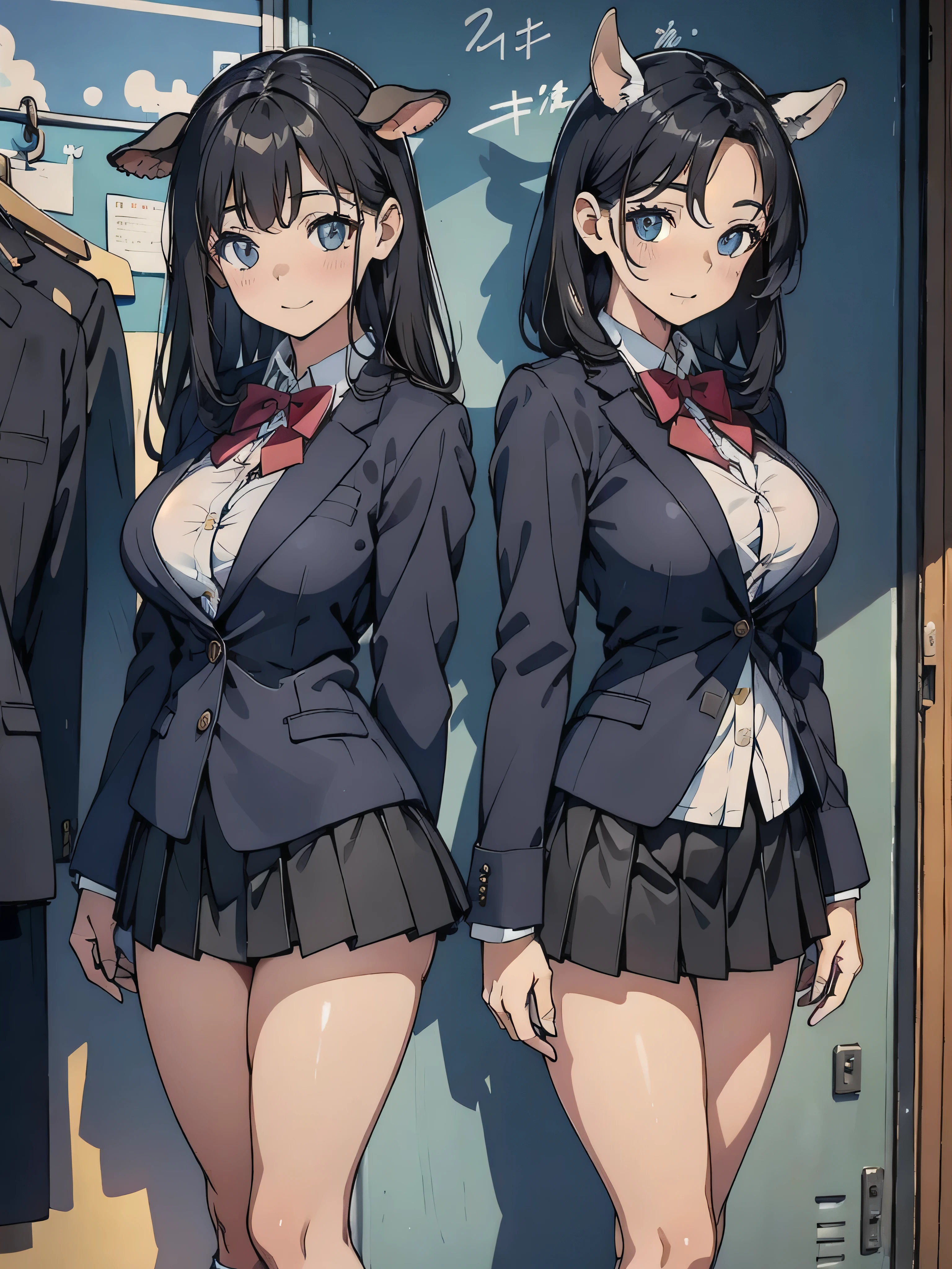 Two women with cow ears posing for a photo, Photorealistic perfect body、Standing back to back、high school student, 、Blazer uniform、mini skirt、