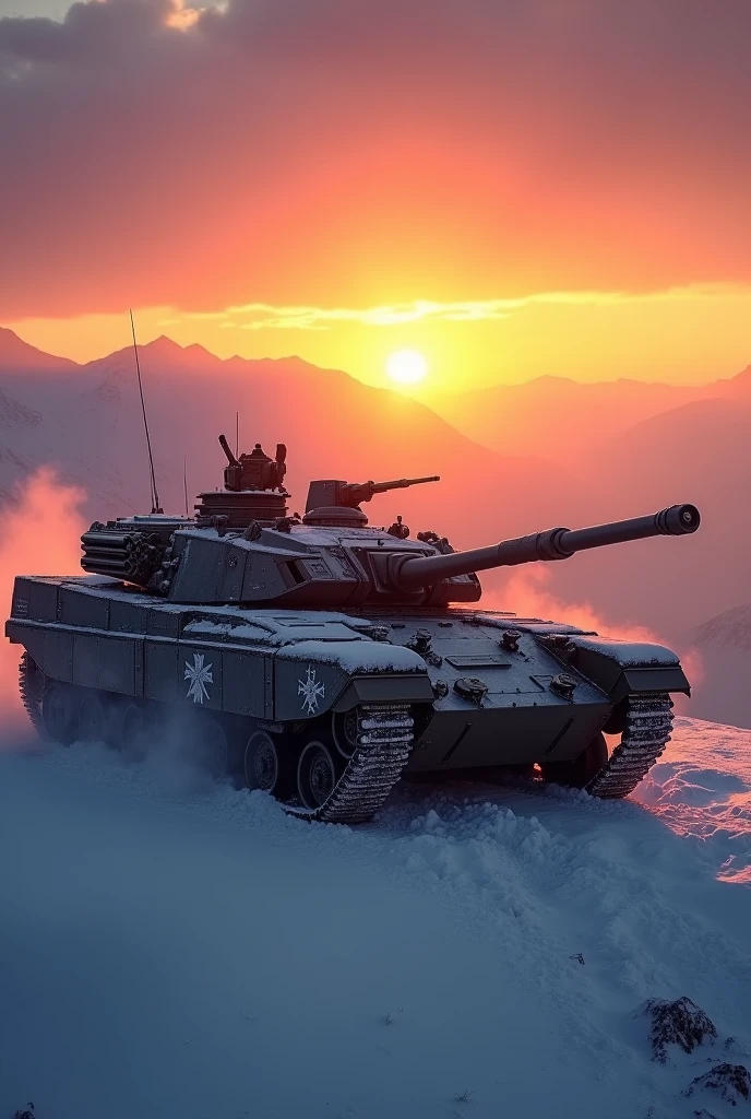 a picture of a Merkava tank on top of a snowy mountain watches the horizon at sunset, sun rays, some clouds, fog of war, vibrant, Ultra-high resolution, High Contrast, (masterpiece:1.5), highest quality, Best aesthetics), best details, best quality, highres, 16k, [ultra detailed], masterpiece, best quality, (extremely detailed)