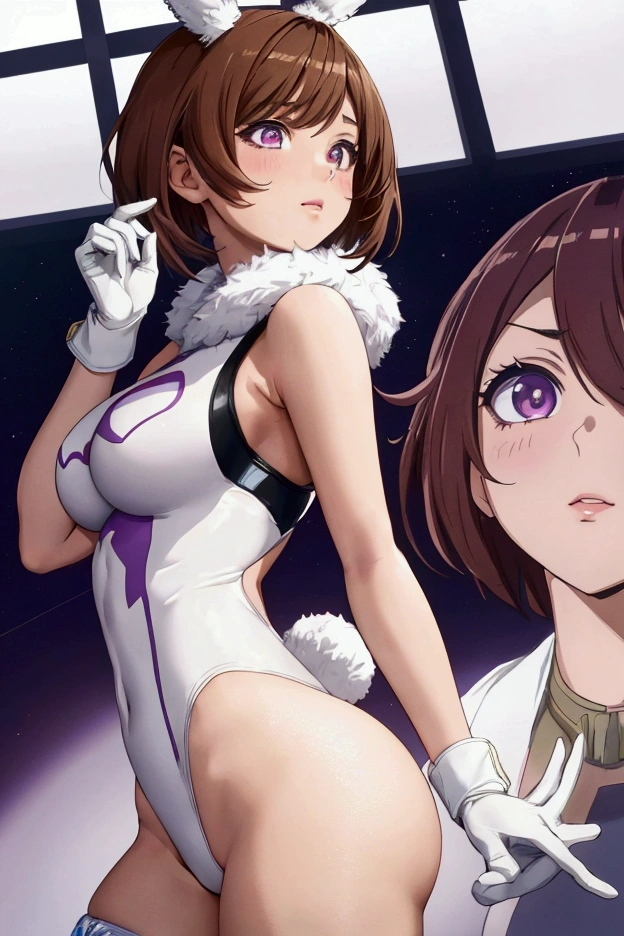 Ochaco Uraraka, 1girl, anime, hair cafe, short hair, sexy, big aass (best quality: 1.3), (4K quality), best quality, high resolution, detailed, (detailed face: 1.2), (detailed eyes: 1.2) , (Figure perfect: 1.2), looking at viewer, (1 girl), boku no hero academia, rabbit ears, woman)), sleeveless, white gloves, white leotard, fur collar, purple thighs, white background, leotard white, mirko costume, big ass, back