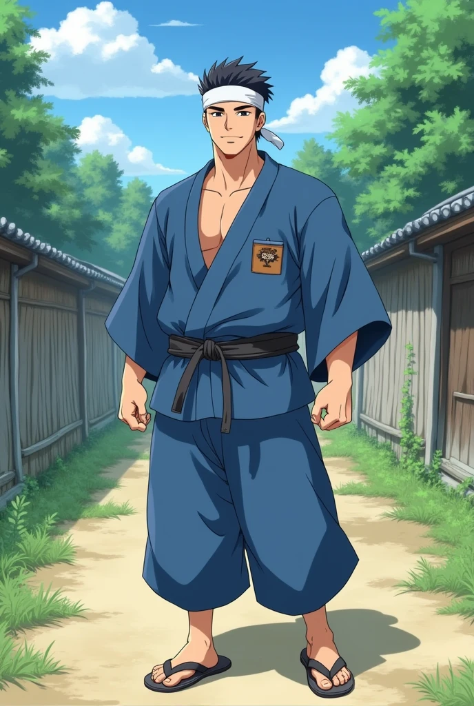 anime、Photographer's POV、Chest to head、looking at the camera、male、Around 30 years old、Muscular build、Square face、Round Nose、short hair、No bangs、Black Hair、smile、Blue Jinbei、White headband、Sandals、rural area