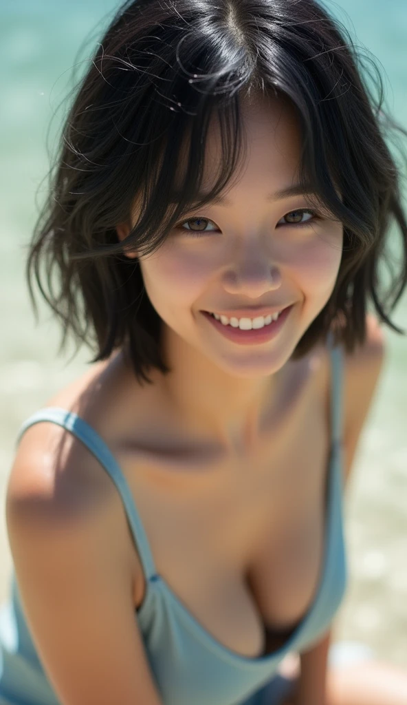 ((top-quality、Top image quality、超A high resolution))、Beautiful girl on the beach、Neat and clean beautiful girl、solo、((flat breast、small tits:.1.8))、cute smile face、Round contour、A charming smile、White teeth、idol、Ultra-detailed and beautiful skin、tthin eyebrows、light skinned、A dark-haired、short-cut、mikro bikini、Super detailed and beautiful face