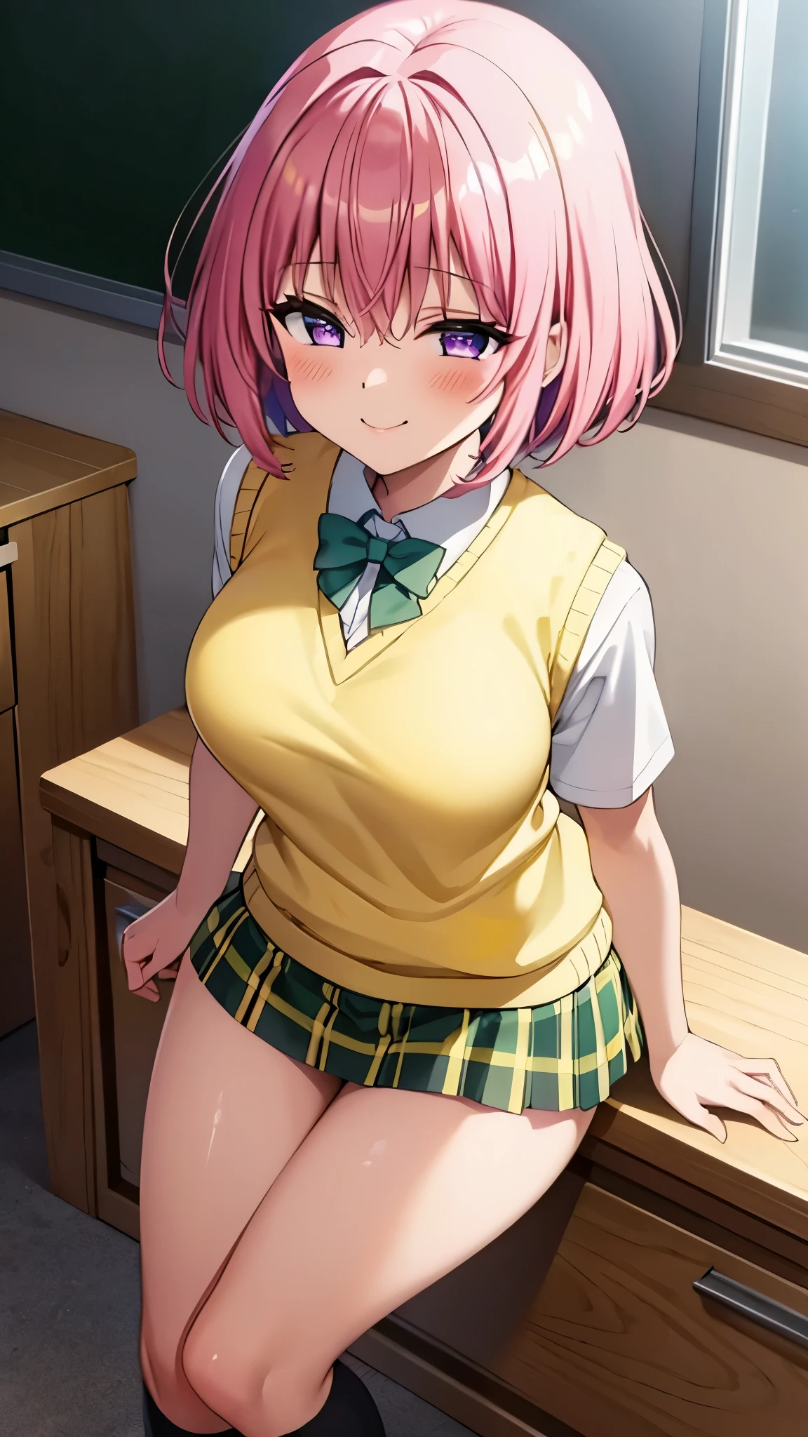 8k,Highest,quality,(highest quality:1.1), (masterpiece:1.4), (Confused:1.0), 
1 girl, Momo Deviluke, hair ornaments, Bobcut, Short Hair Pink Hair, Purple eyes, Medium chest, green skirt, Plaid, Plaid skirt, sainan high school uniform, skirt, Sweater vest, Knee socks, (Yellow Sweater:1.5), Short sleeve,classroom, (blush:1.2), smile,（Perfect Fingers）,mesugaki,
