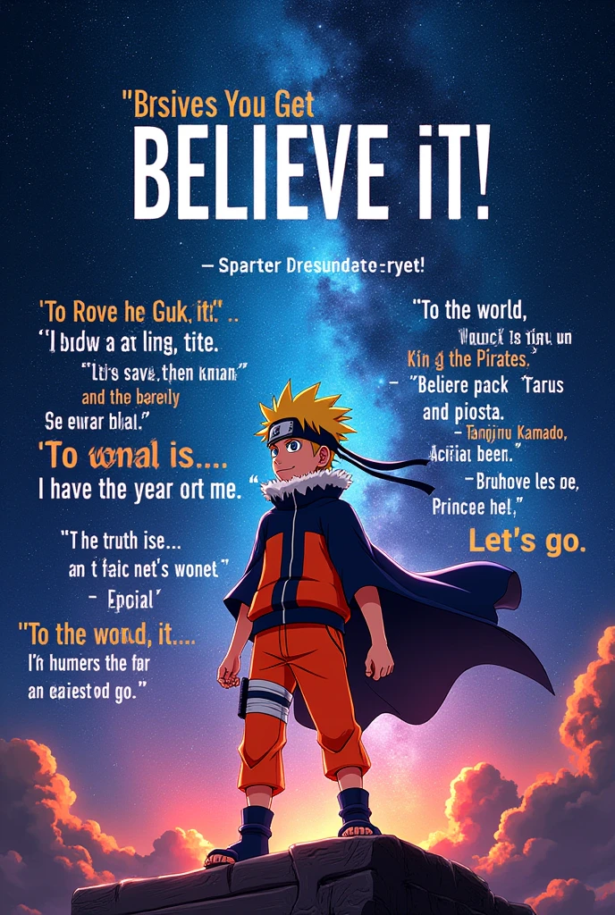 A captivating anime-themed poster, filled with vibrant colors and iconic quotes from popular series. At the center, Naruto's bold "Believe it!" declaration takes prominence, radiating confidence. Surrounding it, Goku's iconic "It's over 9,000!" and Luffy's ambitious "I'm gonna be the King of the Pirates!" quotes from Dragon Ball and One Piece respectively, create a dynamic atmosphere. Detective Konan's enigmatic "The truth is..." statement adds mystery, while Eren's haunting "To the world, I'll show you all hell" and Tanjiro Kamado's determined "Let's go" phrases from Attack on Titan and Demon Slayer evoke strong emotions. The galaxy of quotes is framed by a star-studded sky, embodying, anime, poster