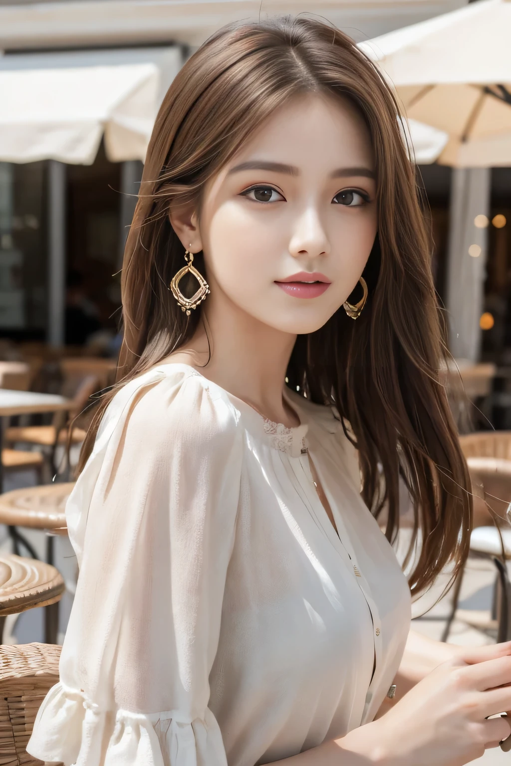 masterpiece, Highest quality, Realistic, Very detailed, Finer details, High resolution, 8k wallpaper, One beautiful woman,Wear a nice blouse, On the terrace of a lovely cafe, at noon, Light brown messy hair, Perfect dynamic composition, Beautiful and beautiful eyes、Big earrings、