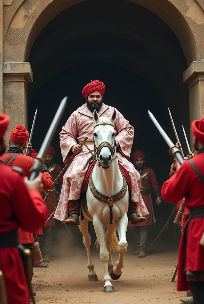18th century fatty Tipu Sultan of Mysore with bald head clean shaven head and face with imperial moustache wearing a silky red turban silky thin violet flower designed coat and white gown holding a turkish arched steel sword on right hand riding a white horse followed by his foot soldiers with red turbans and ash violet white leaf designed woollen coats emerging from a 8 feet dark stone arched Indian tunnel charging towards the British soldiers in red uniform who are targeting and firing with muskets in cinematic UHD landscape resolution