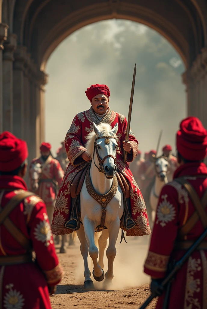 18th century fatty Tipu Sultan of Mysore with bald head clean shaven head and face with imperial moustache wearing a silky red turban silky thin violet flower designed coat and white gown holding a turkish arched steel sword on right hand riding a white horse followed by his foot soldiers with red turbans and ash violet white leaf designed woollen coats emerging from a 8 feet dark stone arched Indian tunnel charging towards the British soldiers in red uniform who are targeting and firing with muskets in cinematic UHD landscape resolution
