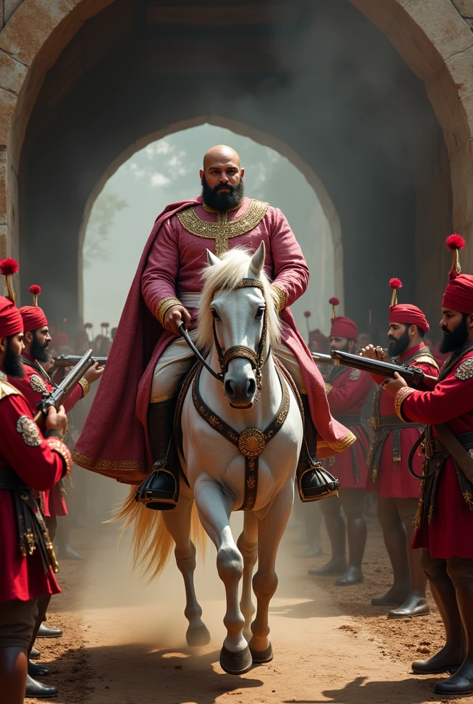 18th century fatty Tipu Sultan of Mysore with bald head clean shaven head and face with imperial moustache wearing a silky red turban silky thin violet flower designed coat and white gown holding a turkish arched steel sword on right hand riding a white horse followed by his foot soldiers with red turbans and ash violet white leaf designed woollen coats emerging from a 8 feet dark stone arched Indian tunnel charging towards the British soldiers in red uniform who are targeting and firing with muskets in cinematic UHD landscape resolution