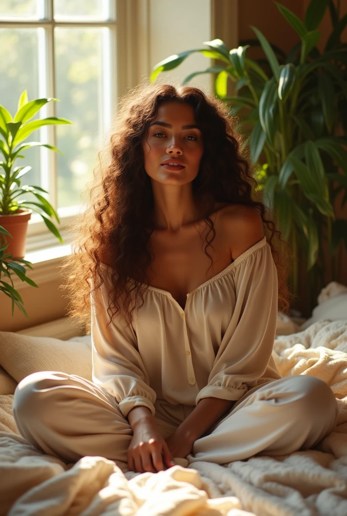 (photorealism:1.2), beautiful woman, sitting on bed, wearing loose off-shoulder top, pajama pants, long curly hair, indoors, soft lighting, plants in background, window with sunlight, cozy room, relaxed pose, realistic, intricate details, warm colors, by Greg Rutkowski, by Alphonse Mucha