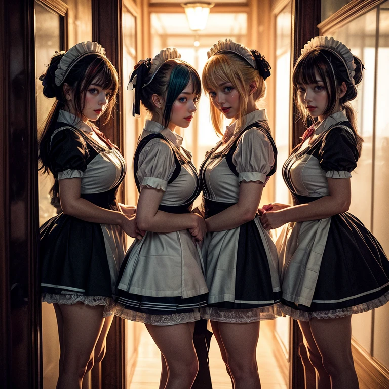 (Extremely Detailed((Kawaii Maid Group in a row:1.37))), Childish perfect face, Reflective Eyes, Detailed(Delicate Clothing textures), Dynamic Joyful Expressions LifeLike Rendering, (Specular Reflection:1.2), TopQuality 8K Ultra-detailed masterpiece (ProfessionalPhoto:1.37), (Acutance:0.8), (Luminism:1.28), (Renaissance art style), (Colorful Light particles:0.75), (Muscle:-0.5), ((Full body from side)), SkirtLift, glossy floor, Radiant Fine Skin with Transparency, (Exposed:0.5), (Diferlent types of hair colors like anime:1.35)