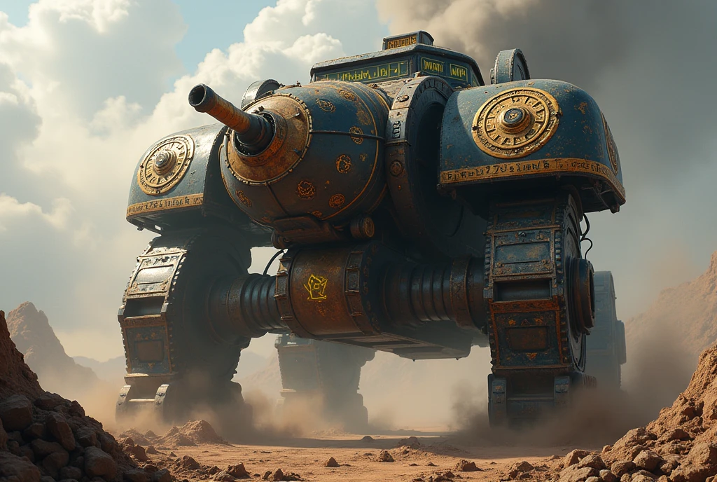 isometric, 3d, octane render, dwarven mage tank vehicle, large arcane cannon, the tank is protected by magical glowing transmutation circles, sigils and runes, battlefield, cinematic, volumetric lighting