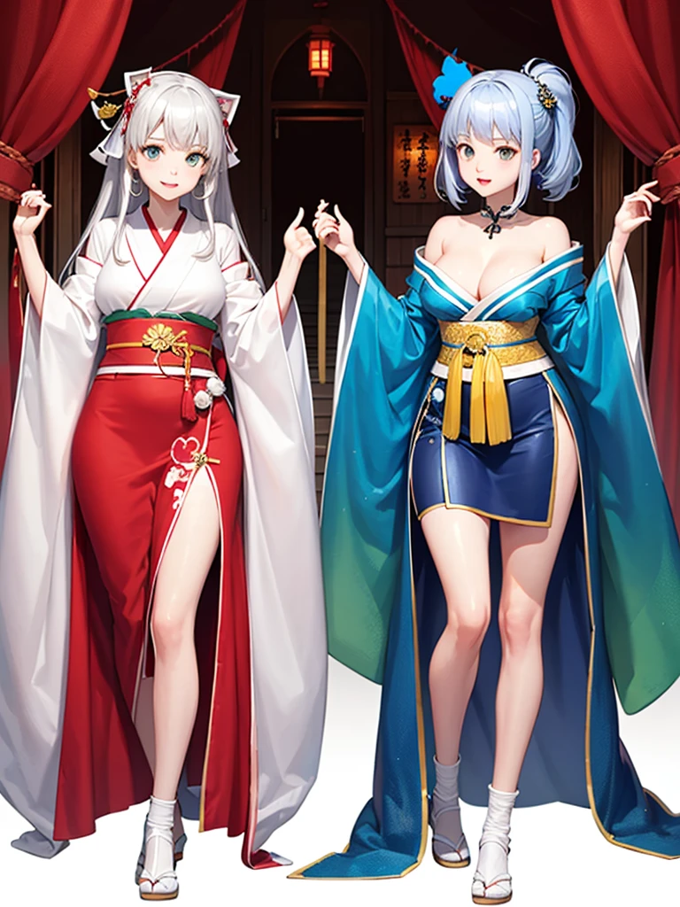 Two beautiful girls、Shrine maiden、Shrine maiden服、Kagura dance、dedication、shrine、Silver Hair、Jade green eyes、Perfect figure、Ergonomic body shape、No exposed feet