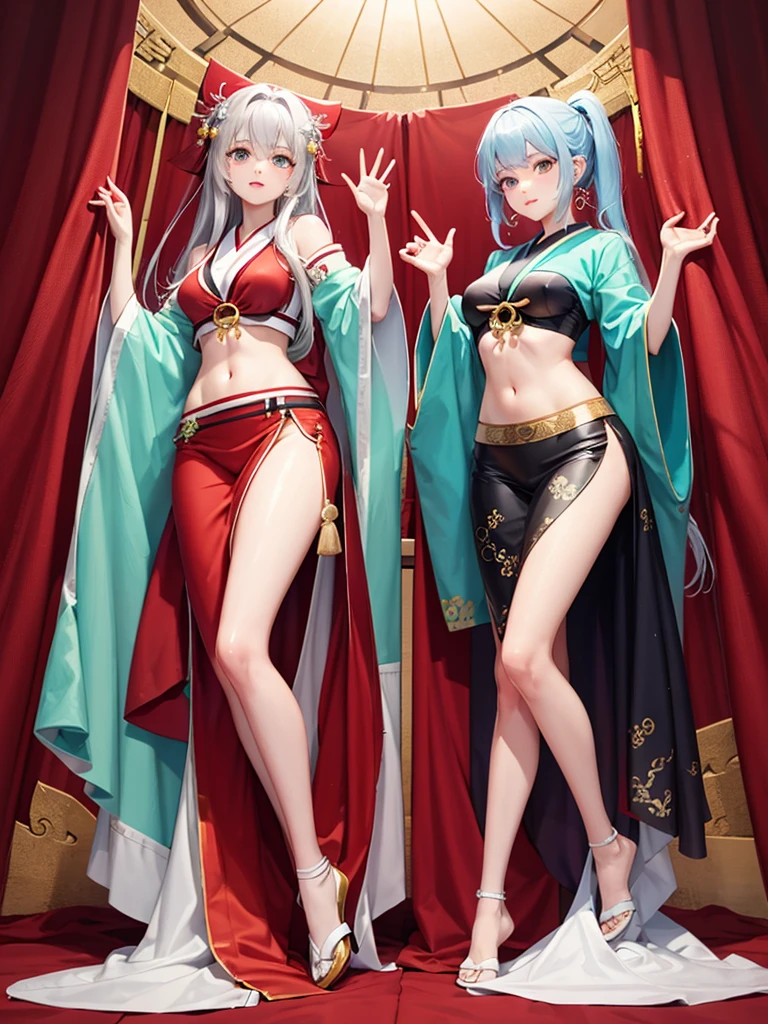 Two beautiful girls、Shrine maiden、Shrine maiden服、Kagura dance、dedication、shrine、Silver Hair、Jade green eyes、Perfect figure、Ergonomic body shape、No exposed feet