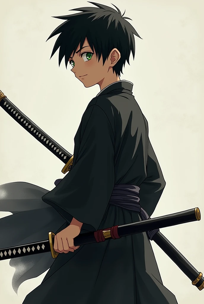 A boy of about eleven years old who is facing away and has a katana behind him and the boy has black hair and green eyes and is wearing a black swordsman's outfit and more or less part of his face can be seen.