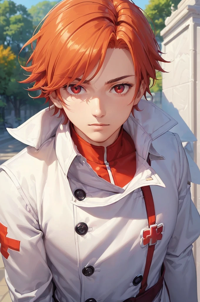 (((masterpiece; best quality: 1.2))), (finely detailed eyes: 1.3), ((1 young man)), ((solo)), (red eyes: 1.4), (body shape; lean, masculine, manly: 1.3), (very short orange hair: 1.3), (beautiful and clear background: 1.2), ((depth of field)), (equipment: high-fantasy medic garb + white long-sleeve overcoat + patch with red cross + black high-neck shirt + gloves: 1.3), (anime illustration: 1.2), (background composition; palace gardens + day: 1.1), (extremely handsome: 1.1), (shot composition; standing + centered on face + bust close-up: 1.5), (facial expression; calm, stoic: 1.2)